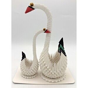 Vintage Origami Swans Paper Craft Handmade Artistic Mom and Baby 9” & 6”